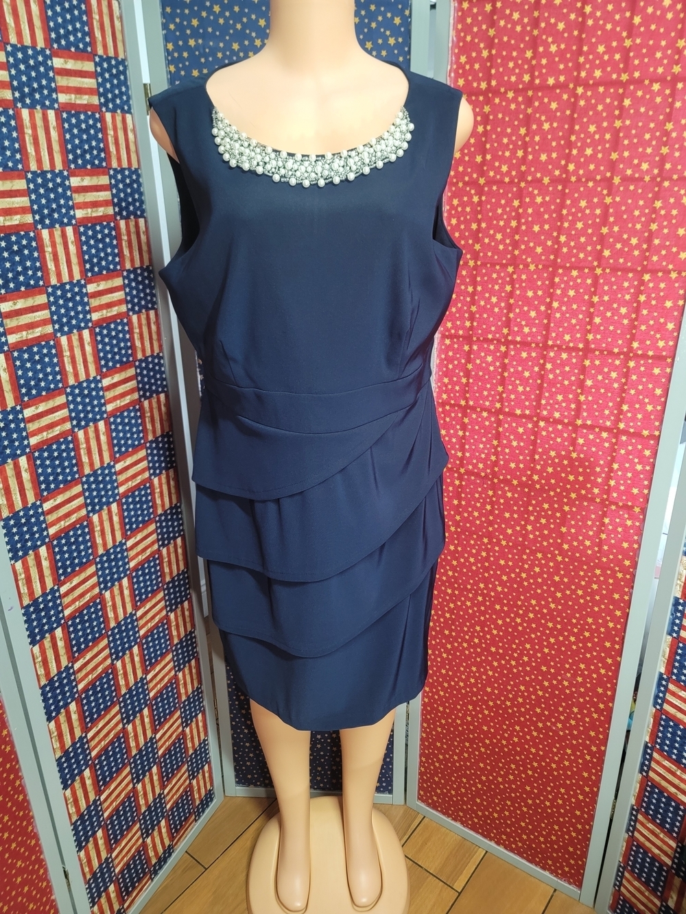 Michael Kors Navy Pearl-Embellished Tiered Midi Dress